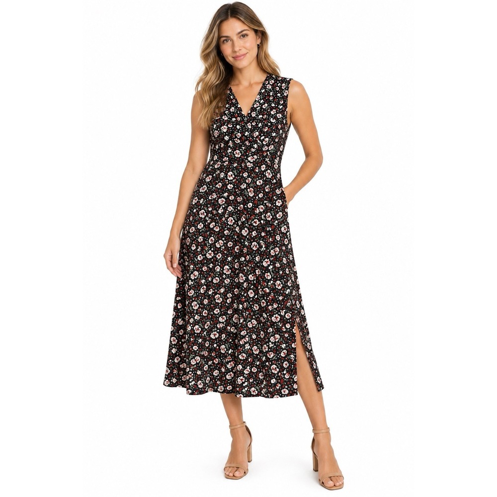 J Jill Wearever Dress M Black Floral Midi Fall Cottagecore Stretch Casual Comfy